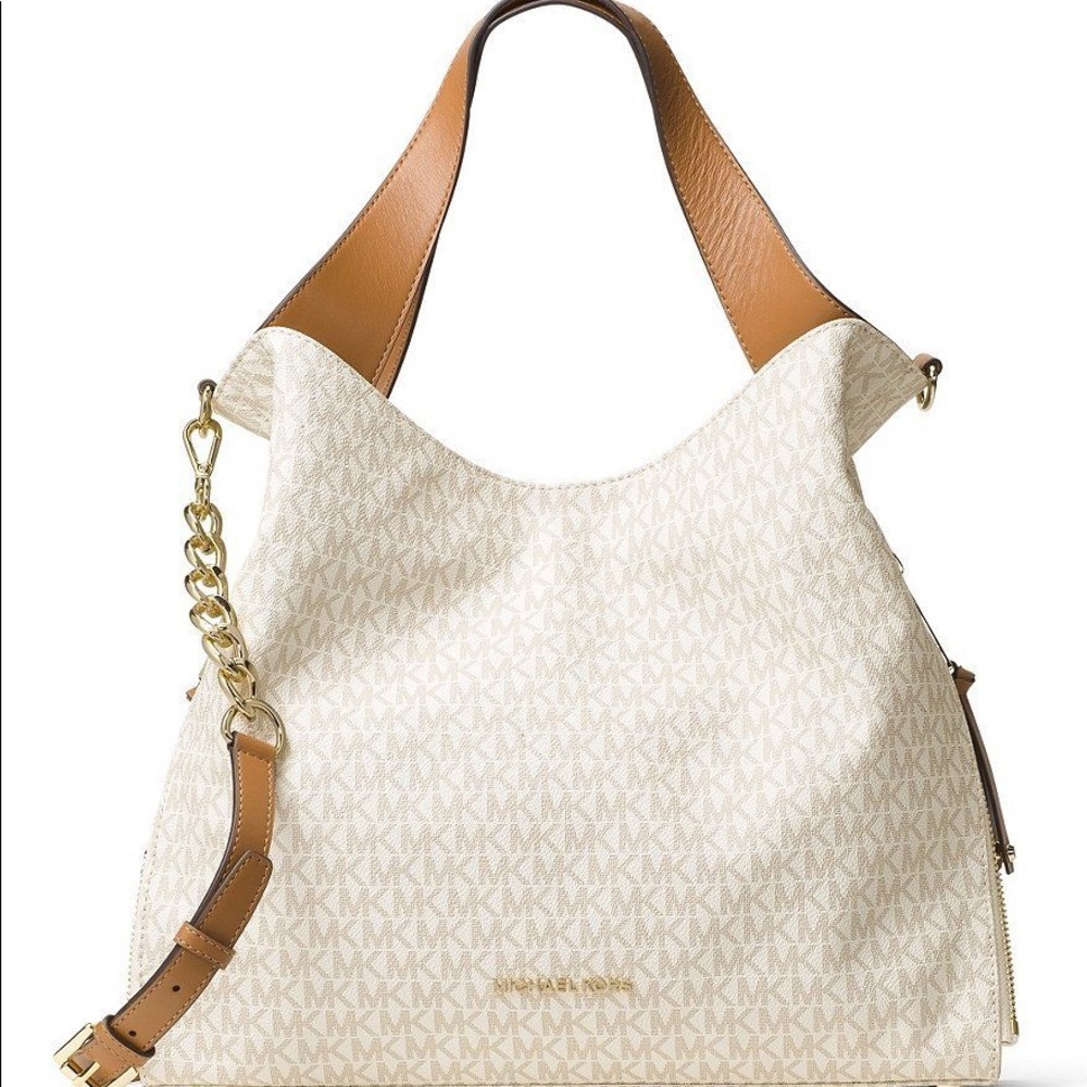 Michael Kors Cream and Tan Logo Hobo Tote and Matching Wallet